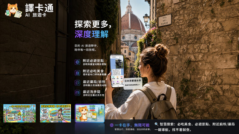 智慧搜索：必吃美食、必遊景點、附近廁所/藥局一鍵導航，找不著就查。